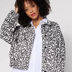 Tommy Bahama Gray Black White Leopard Print Denim Jacket M
